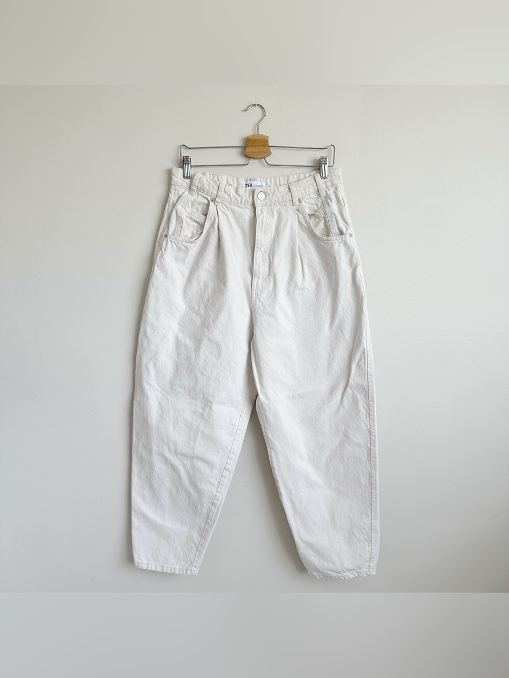 Zara Off-White Light Beige High-Rise Pleated Barrel Cropped Jeans 12